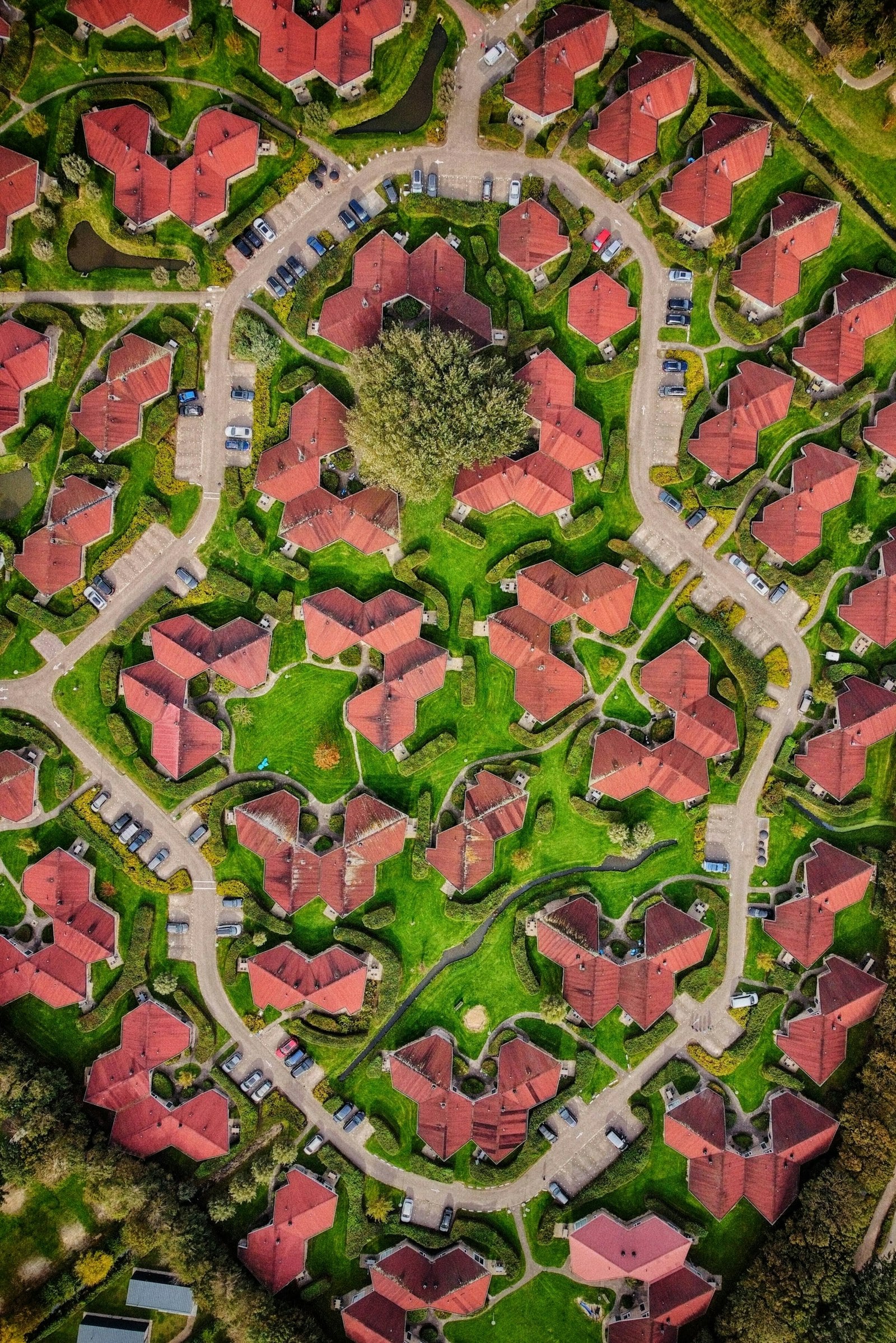 Aerial view of a Huntington Beach neighborhood showing a mix of shingle and tile roofing materials