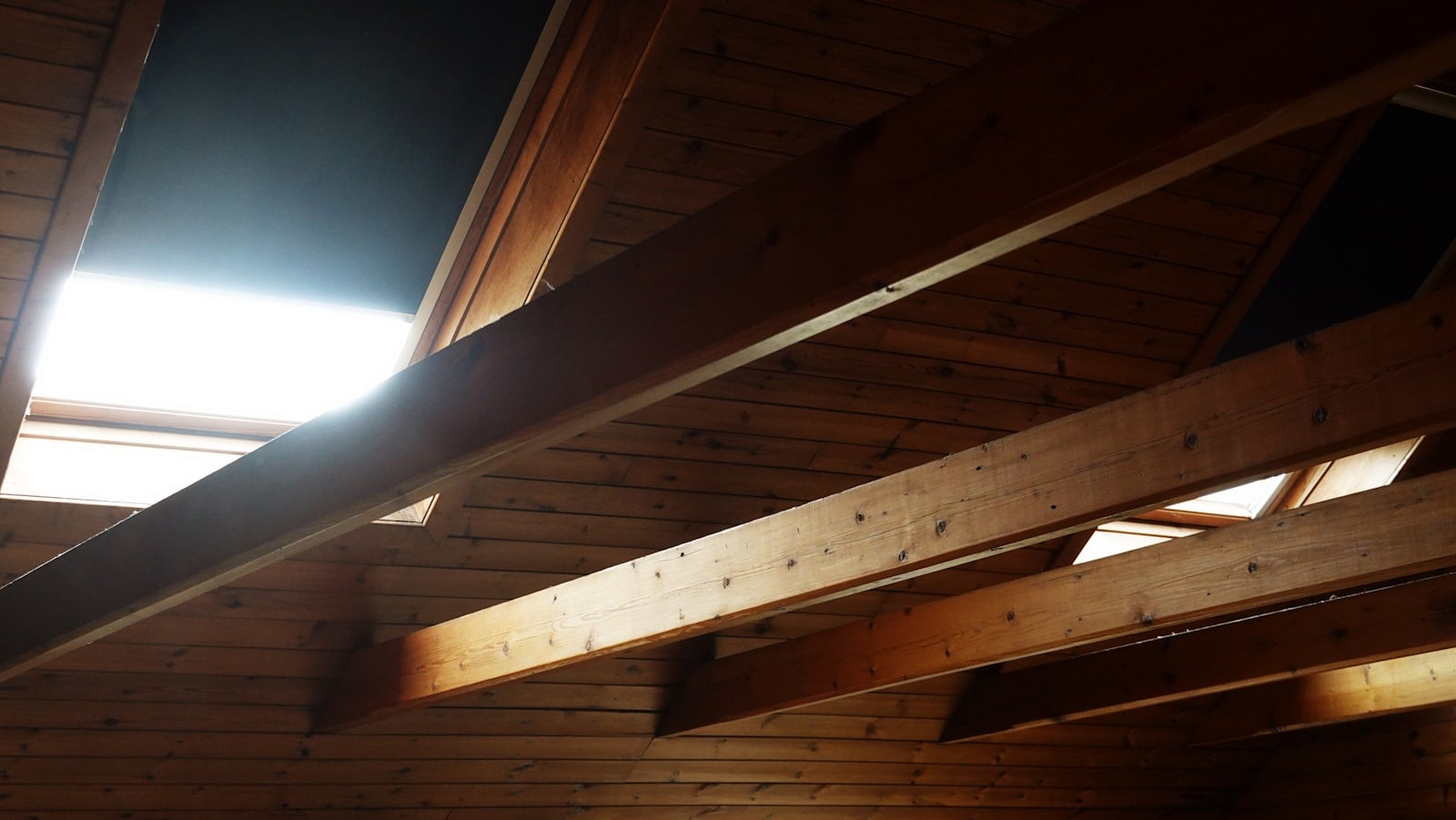 Wood rafters and roof framing visible from inside a Huntington Beach attic