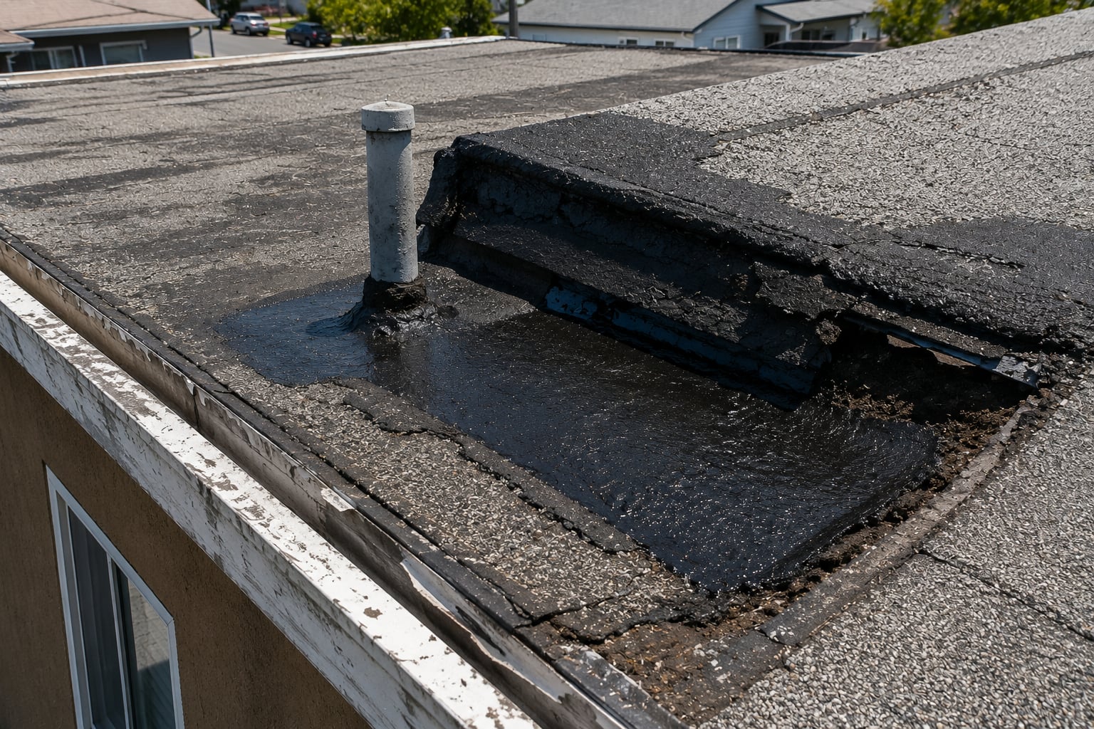 Torn built up roofing membrane exposing tar and felt layers around a roof vent on an older Huntington Beach building