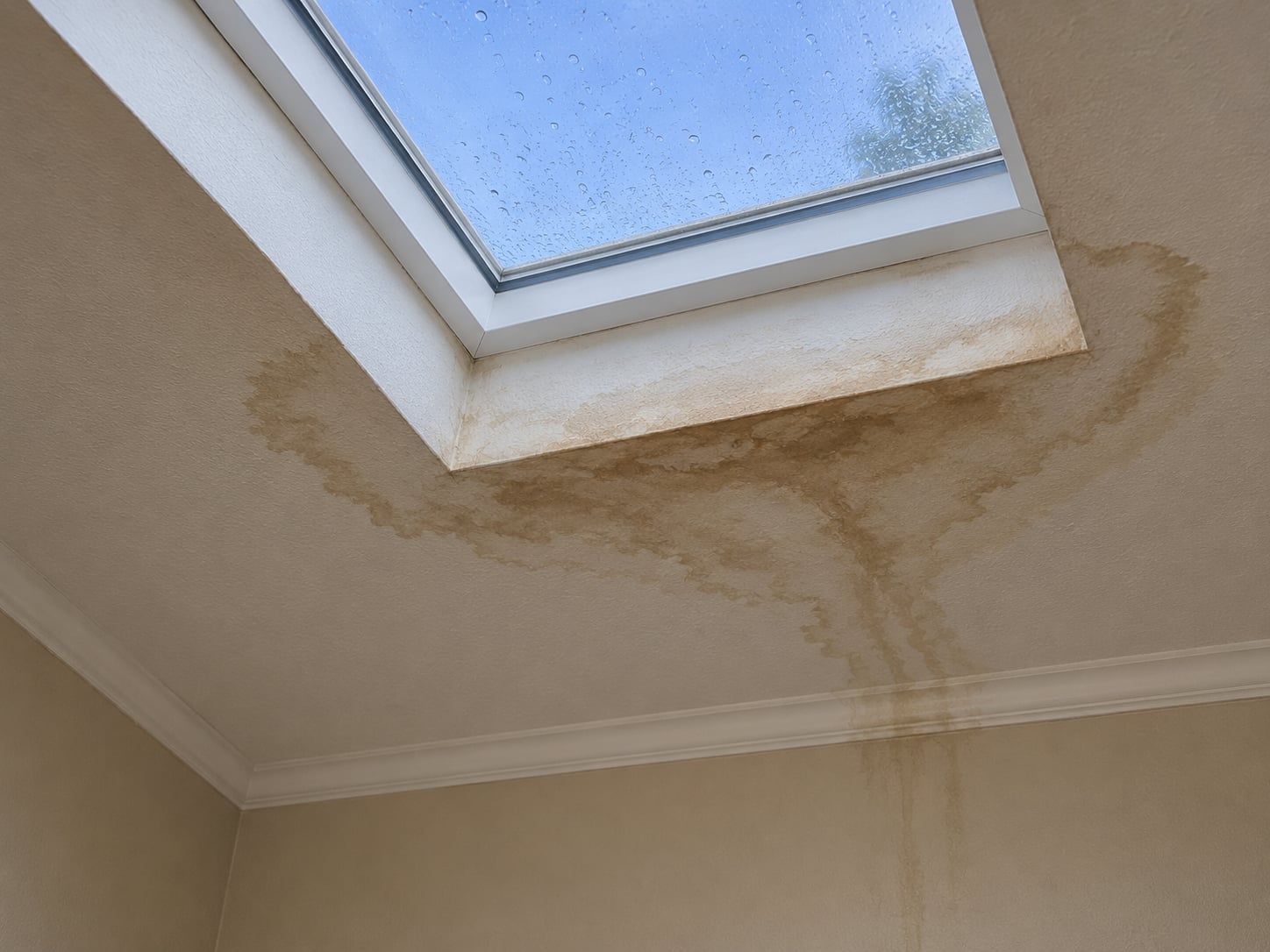 Water stain on a ceiling spreading from the edge of a skylight
