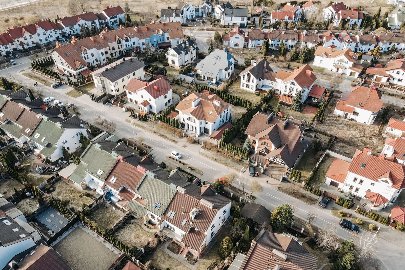 Aerial drone view of a residential house roof