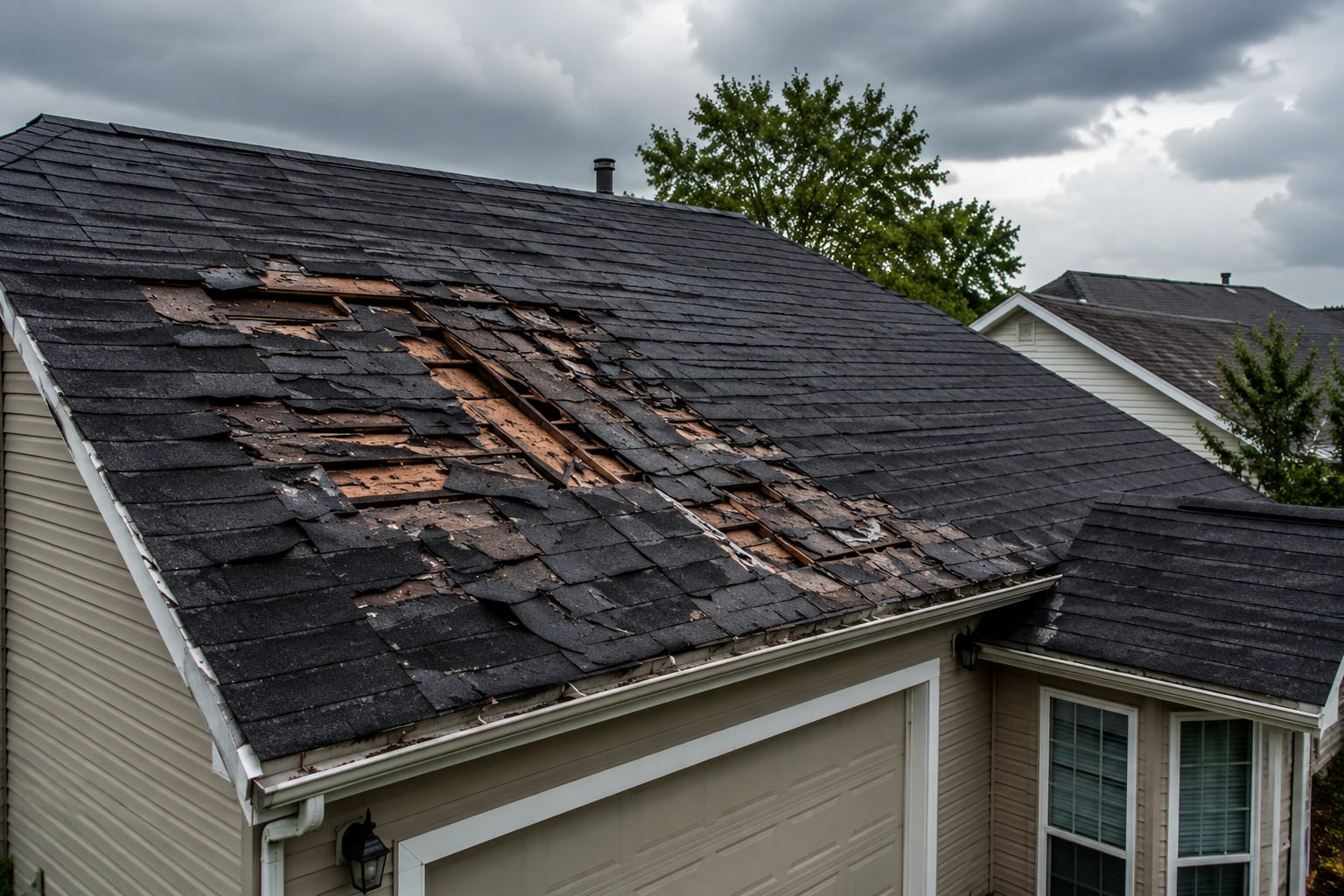 Storm damaged roof with exposed decking before an emergency repair on a Huntington Beach home