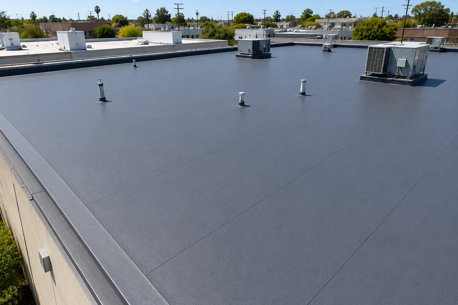 Flat roof after repair, fully restored and free of ponding water on a Huntington Beach building