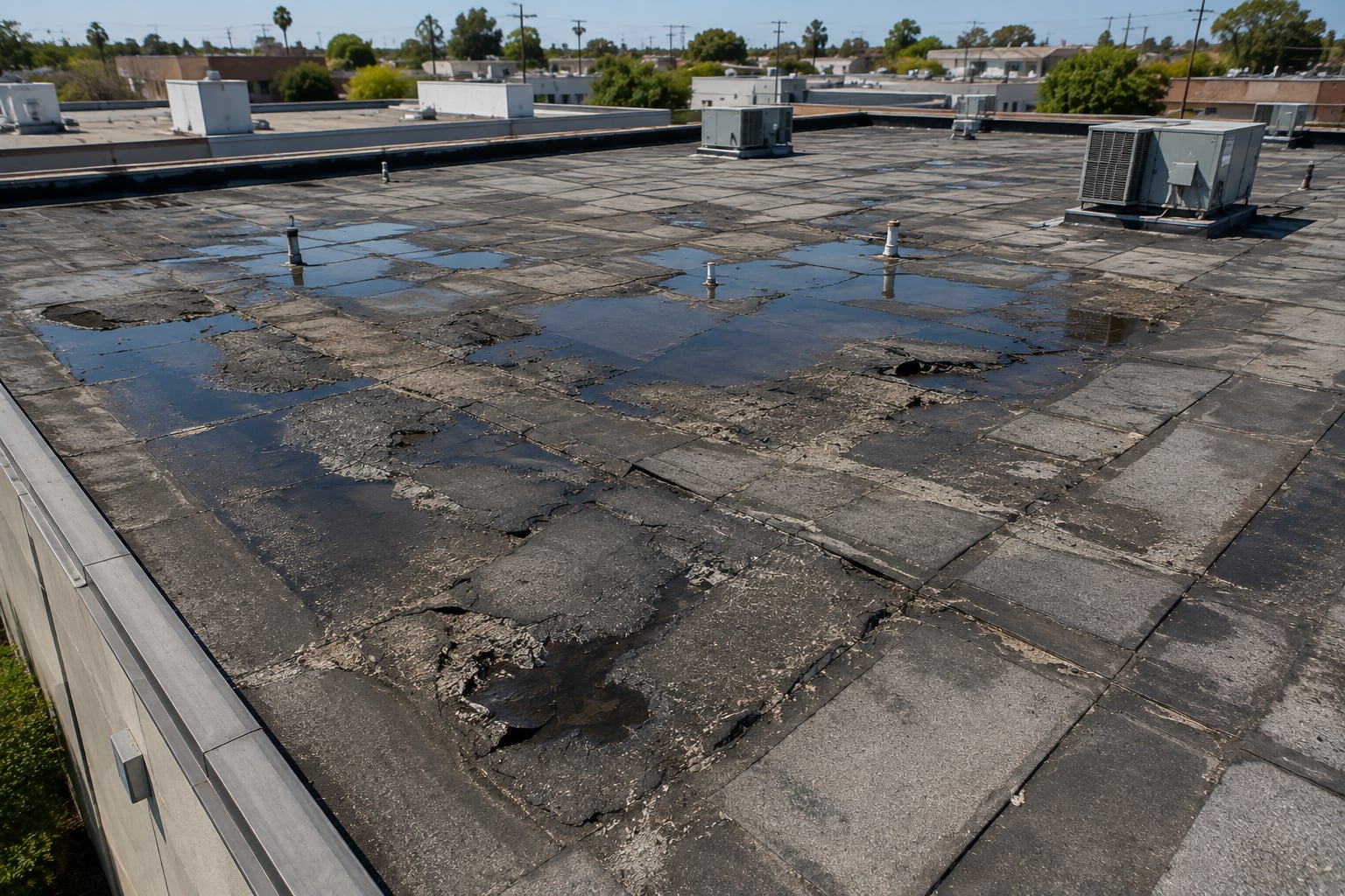 Cracked flat roof membrane with ponding water before repair on a Huntington Beach building