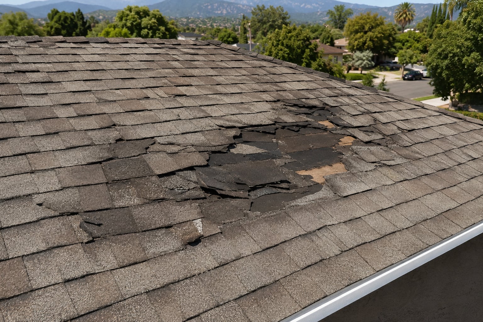 Roof before repair, damaged and torn shingles on a Huntington Beach home