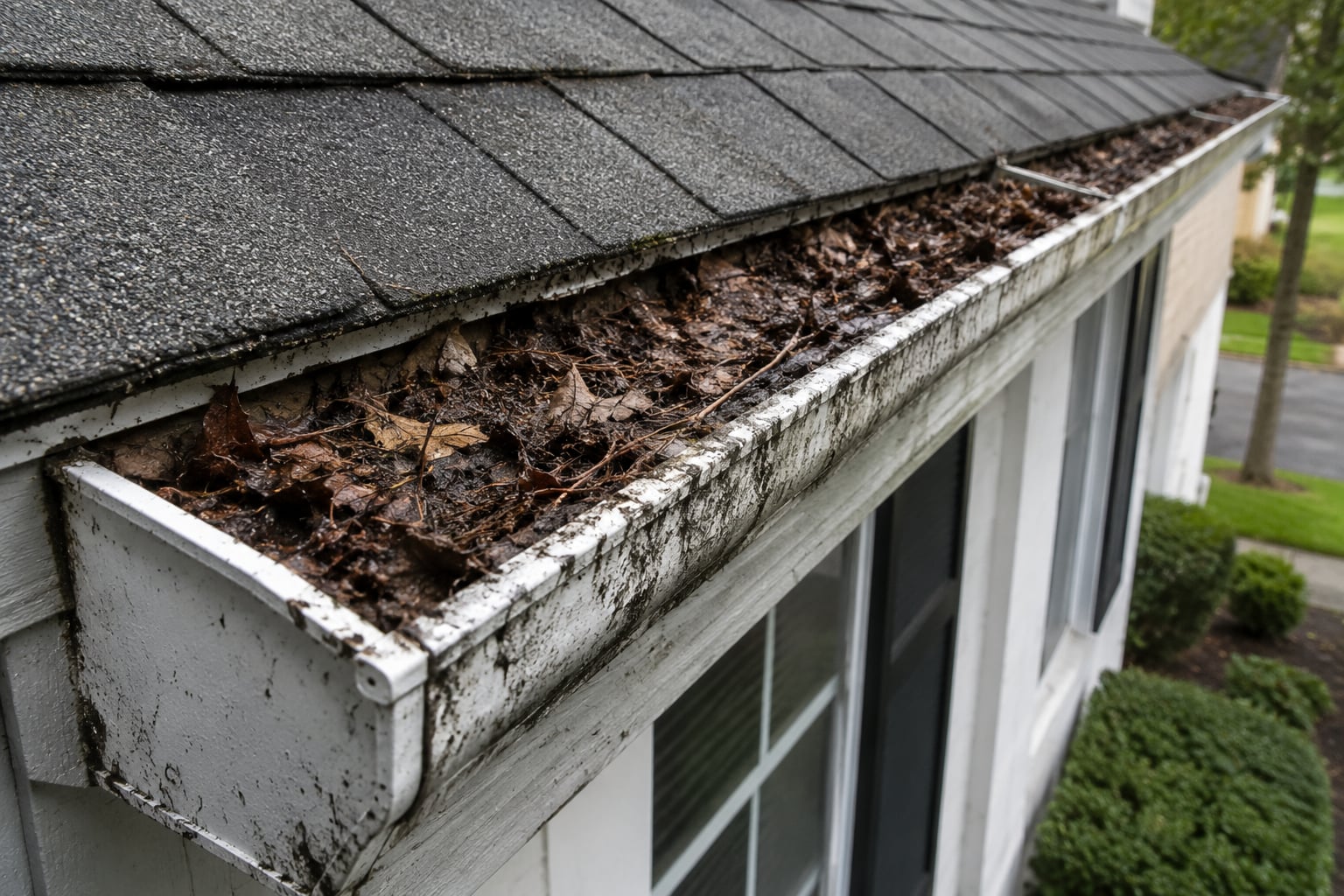 Clogged gutter full of leaves and debris before repair on a Huntington Beach home