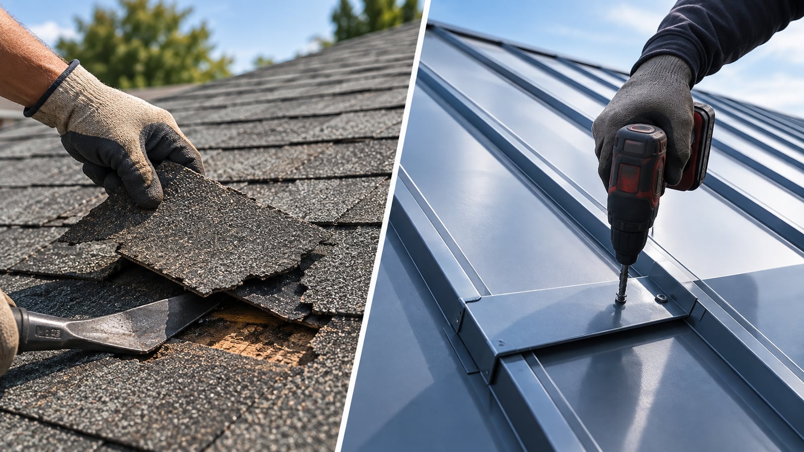 Side by side comparison of a roofer removing an asphalt shingle and a roofer fastening a metal roof panel