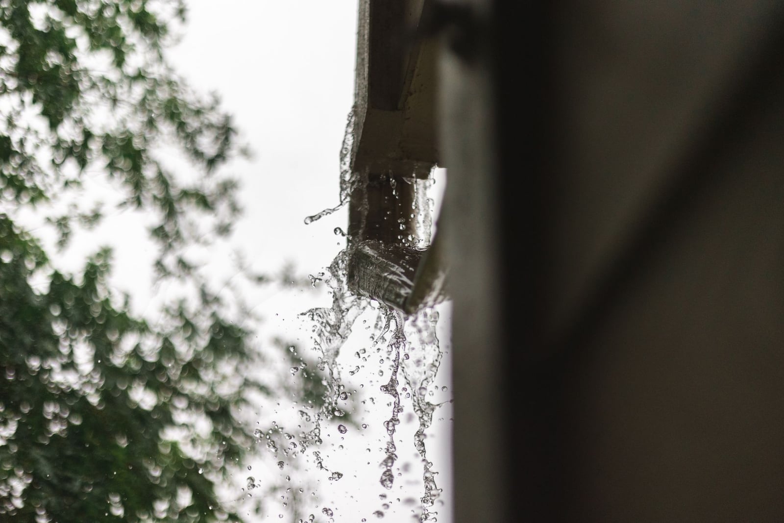 Rainwater pouring from a house gutter