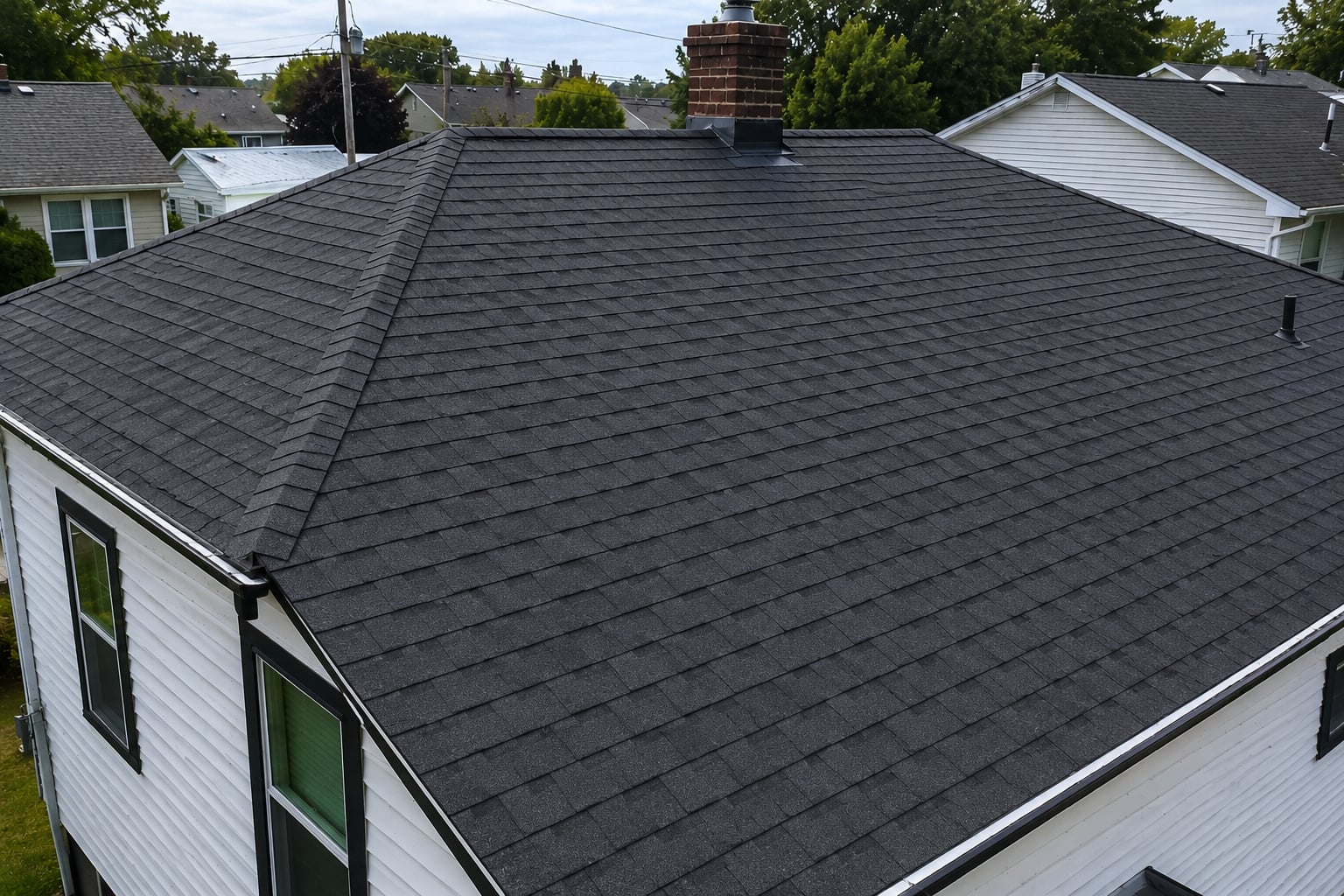 Roof after full replacement with new shingles on a Huntington Beach home