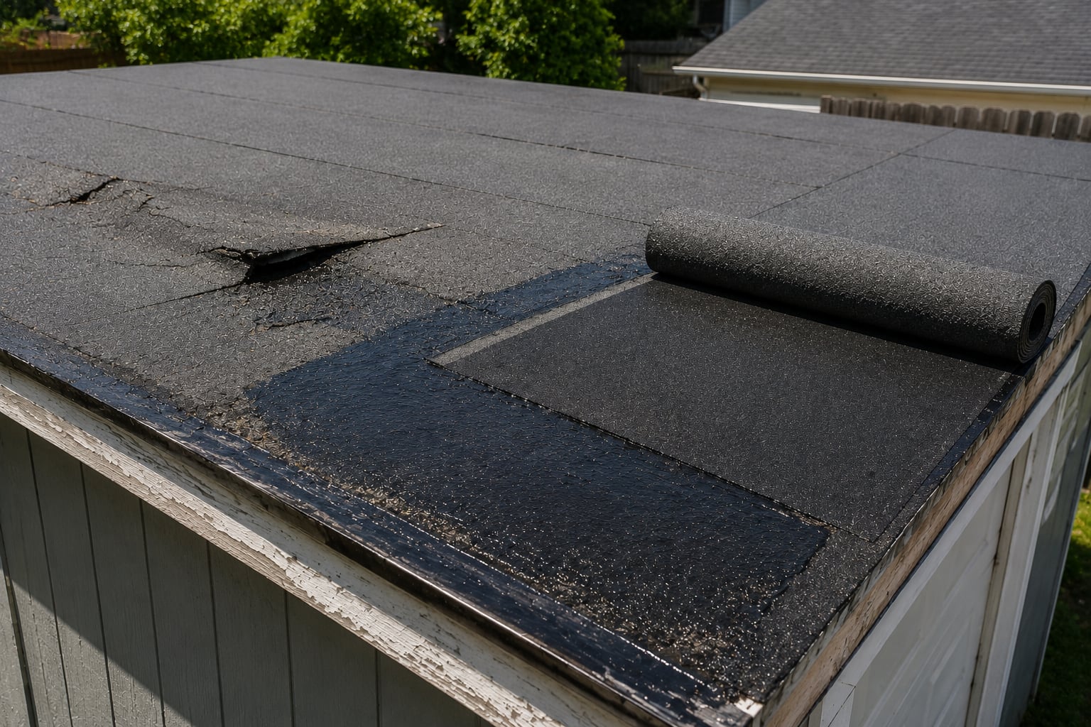 Torn rolled roofing being patched with a new section of material on a shed roof in Huntington Beach