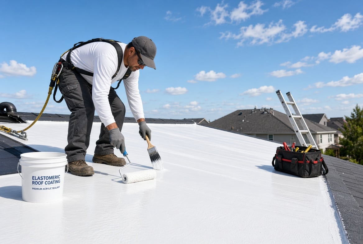 Roofer applying white elastomeric roof coating with a roller on a flat roof in Huntington Beach