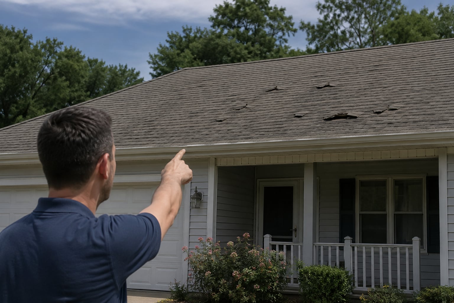 Huntington Beach homeowner pointing out missing and lifted shingles visible from the ground