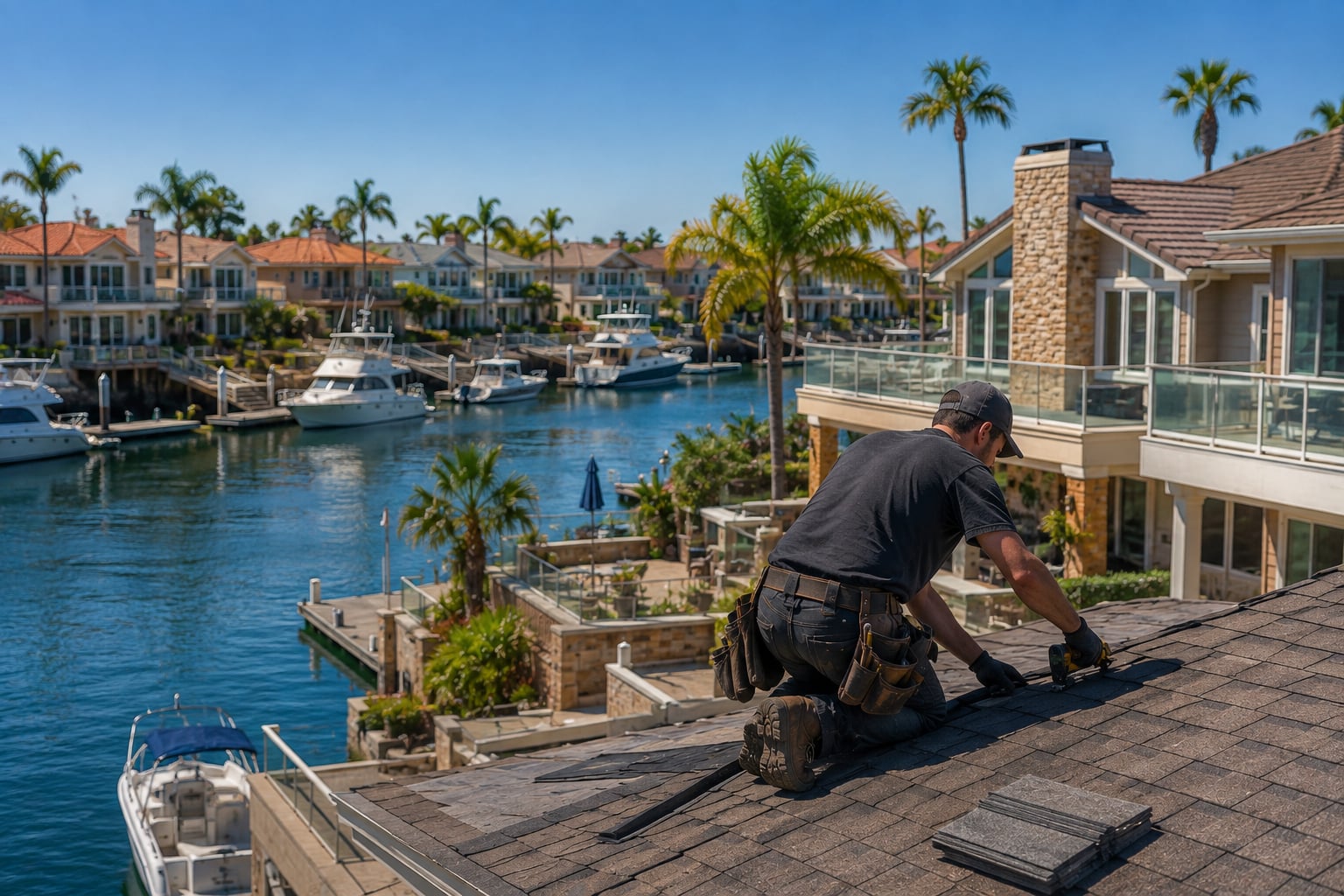 Roofer repairing a shingle roof on a canal front home in Huntington Harbour with boats and docks visible below