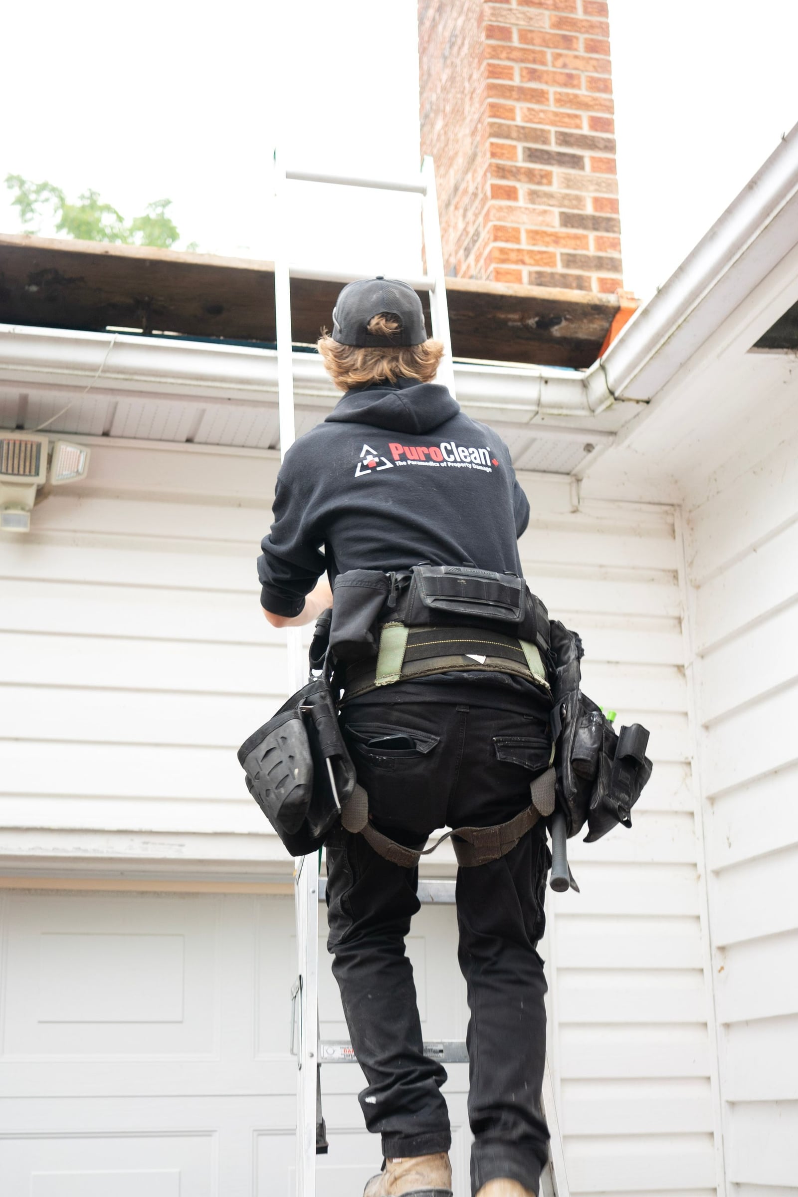 Roofer climbing a ladder to inspect storm damage after a heavy rain event
