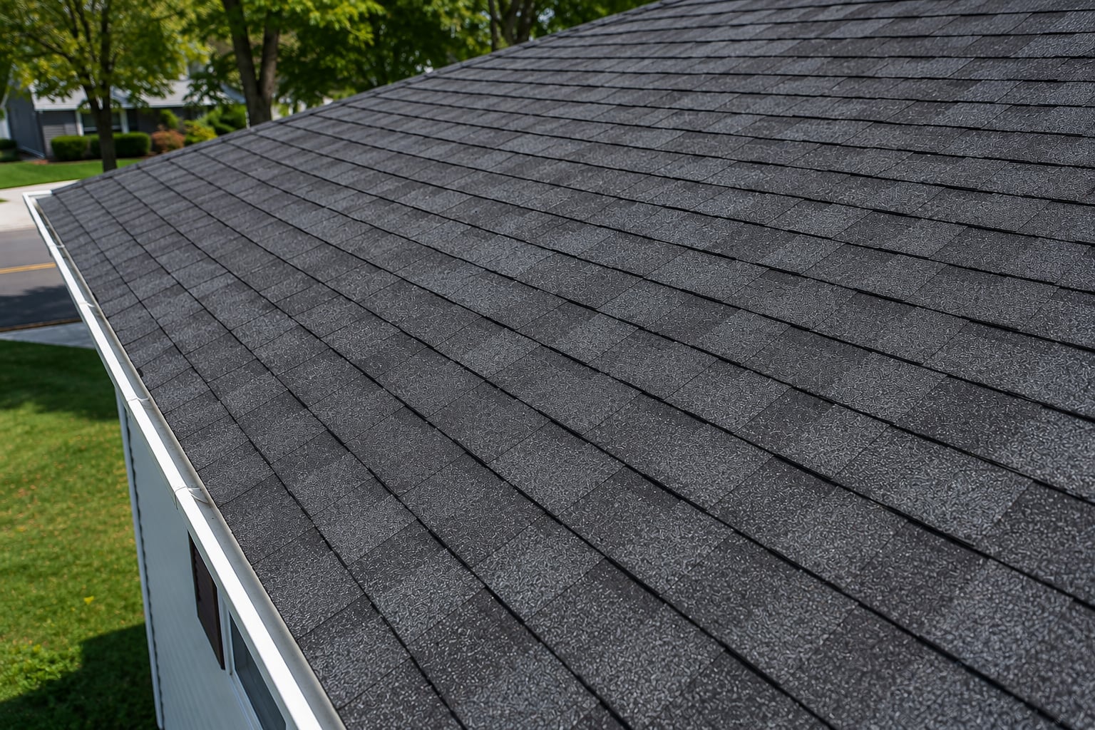 Shingle roof after repair, fully restored and free of damage on a Huntington Beach home
