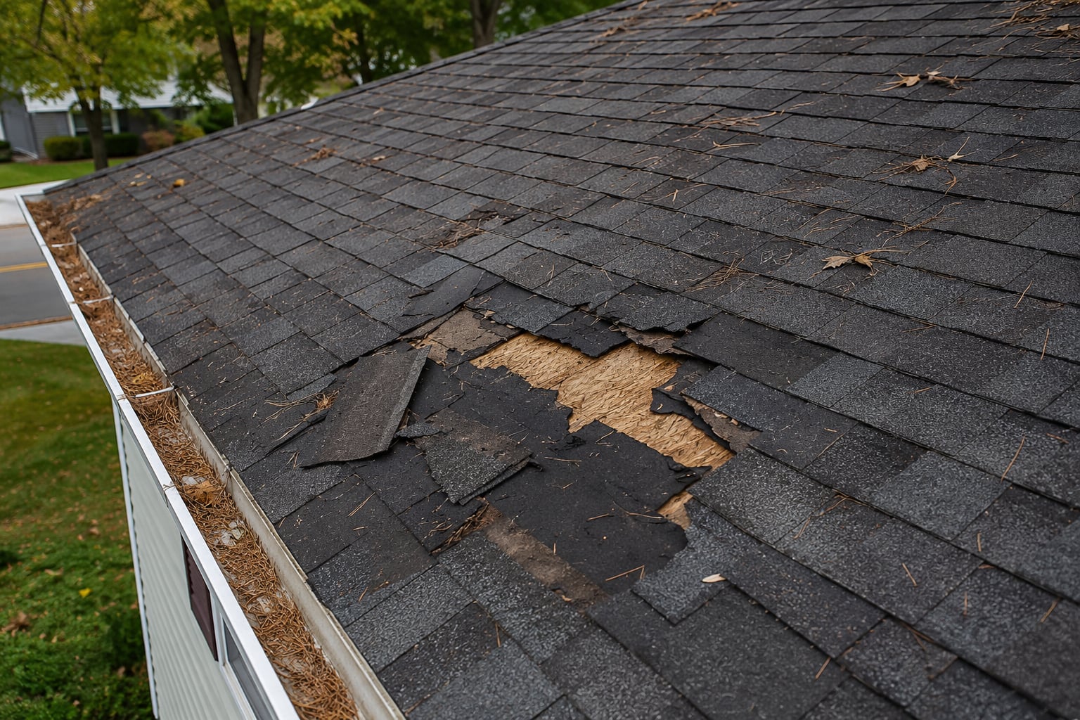Damaged shingles with exposed decking before repair on a Huntington Beach home