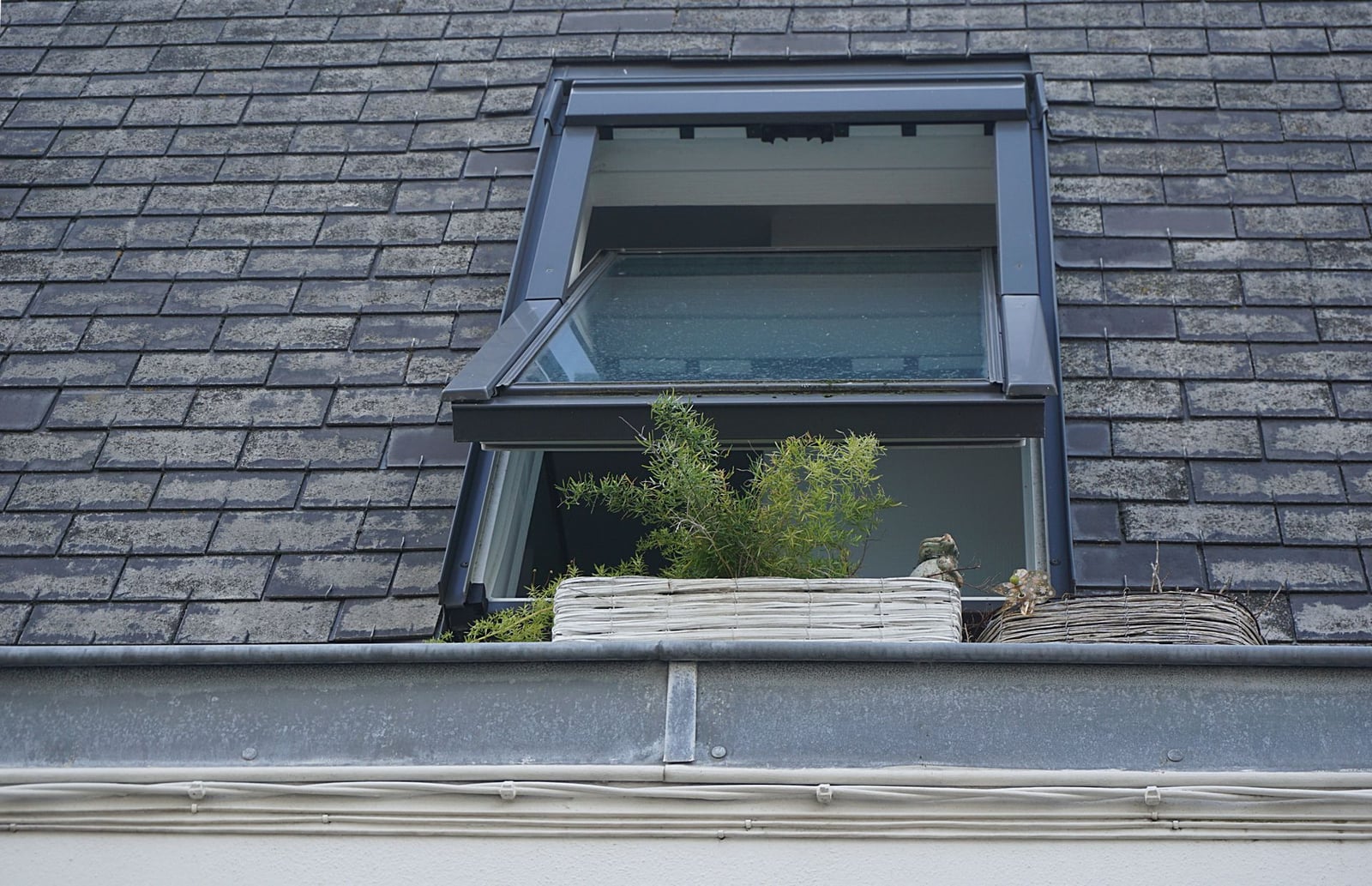 Skylight frame and flashing seen from outside the roof