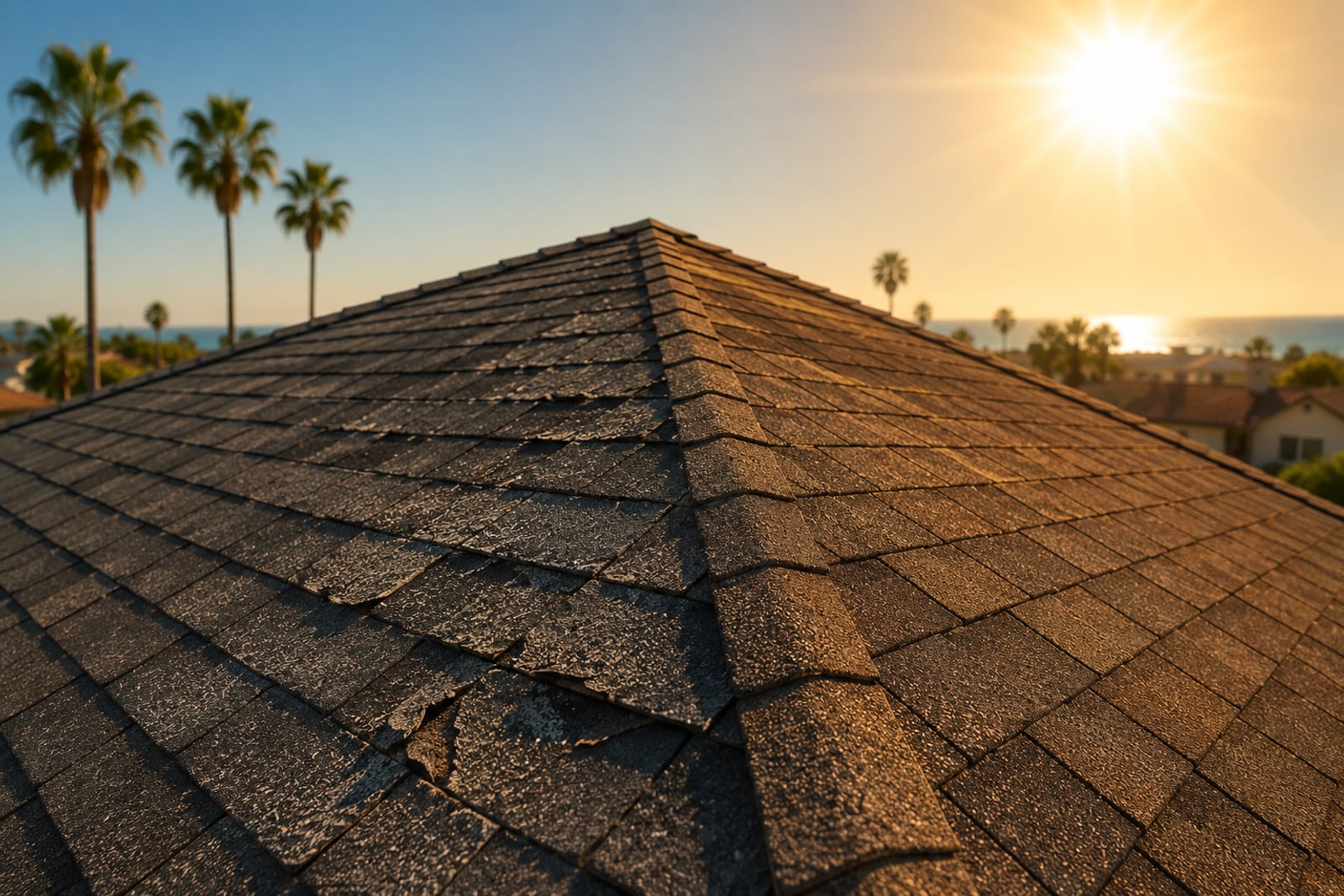 Cracked and curling shingles under intense sun with palm trees and coastline in the background near Huntington Beach