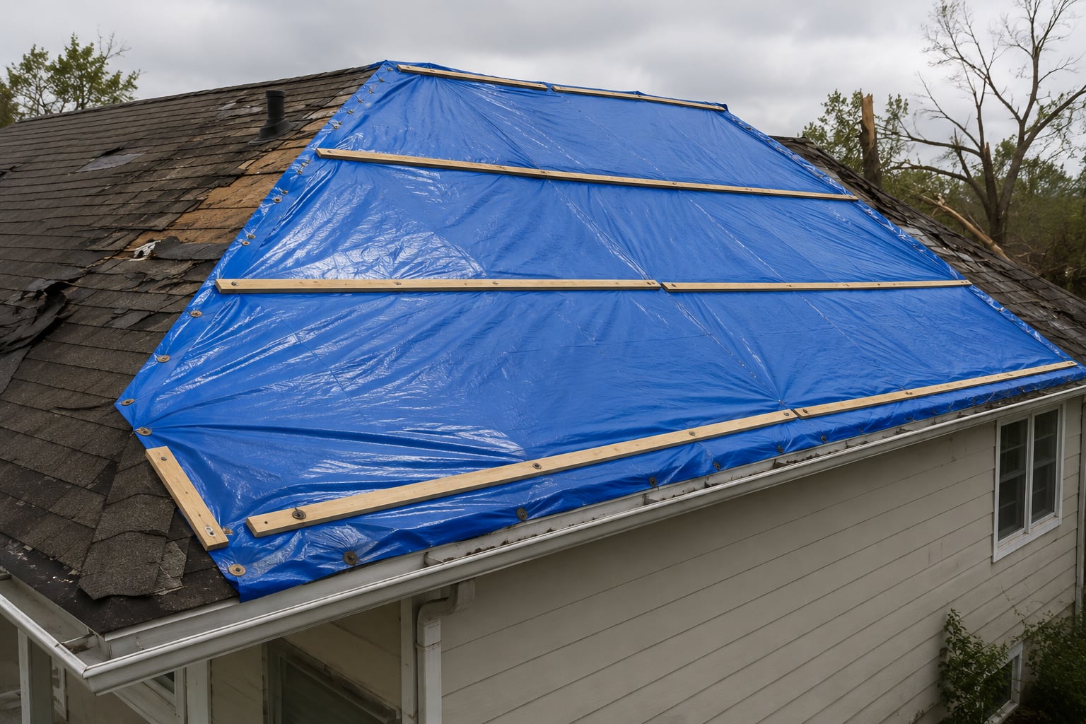 Blue tarp secured with wood battens over storm damaged shingles on a Huntington Beach home