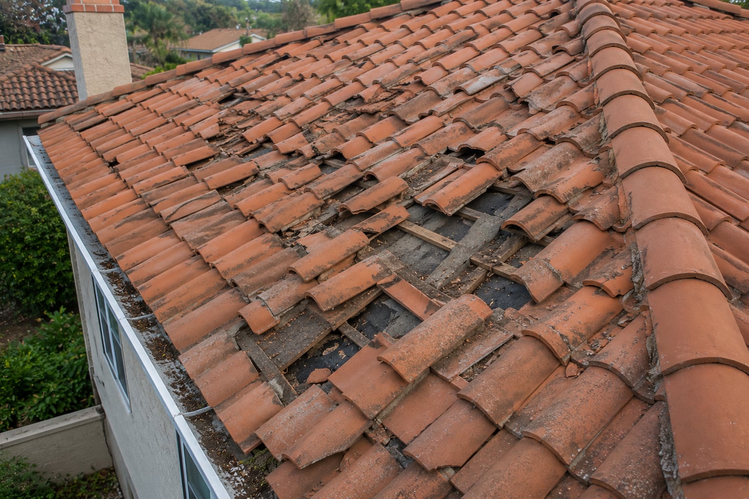 Cracked and missing tiles with exposed decking before repair on a Huntington Beach home