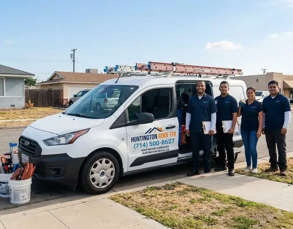 Huntington roof fix service van and professional roofing crew standing in front of a residential house under a clear sky.