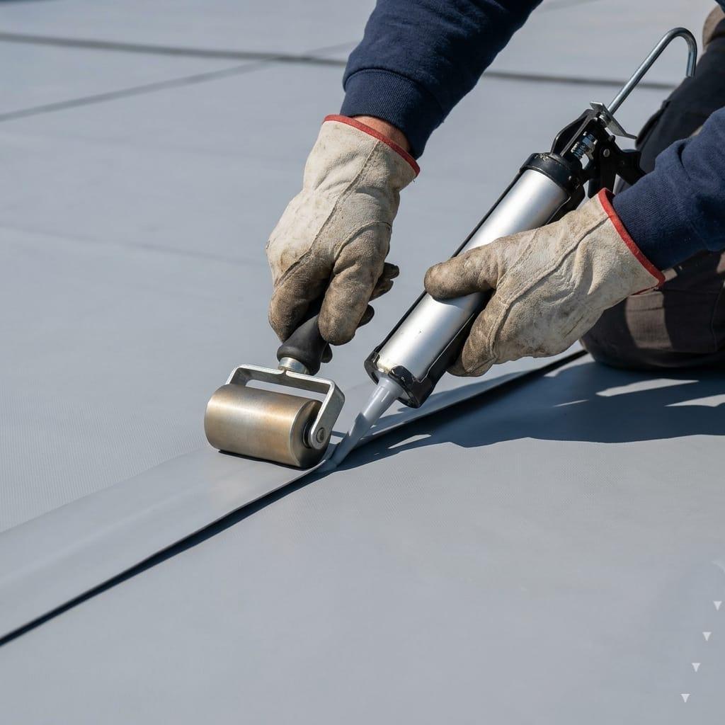A close-up shot of a roofer's gloved hands using a caulk gun and a roller to seal a seam on a flat, grey membrane roof, indicating a repair or installation process. Location: Huntington Beach, United States