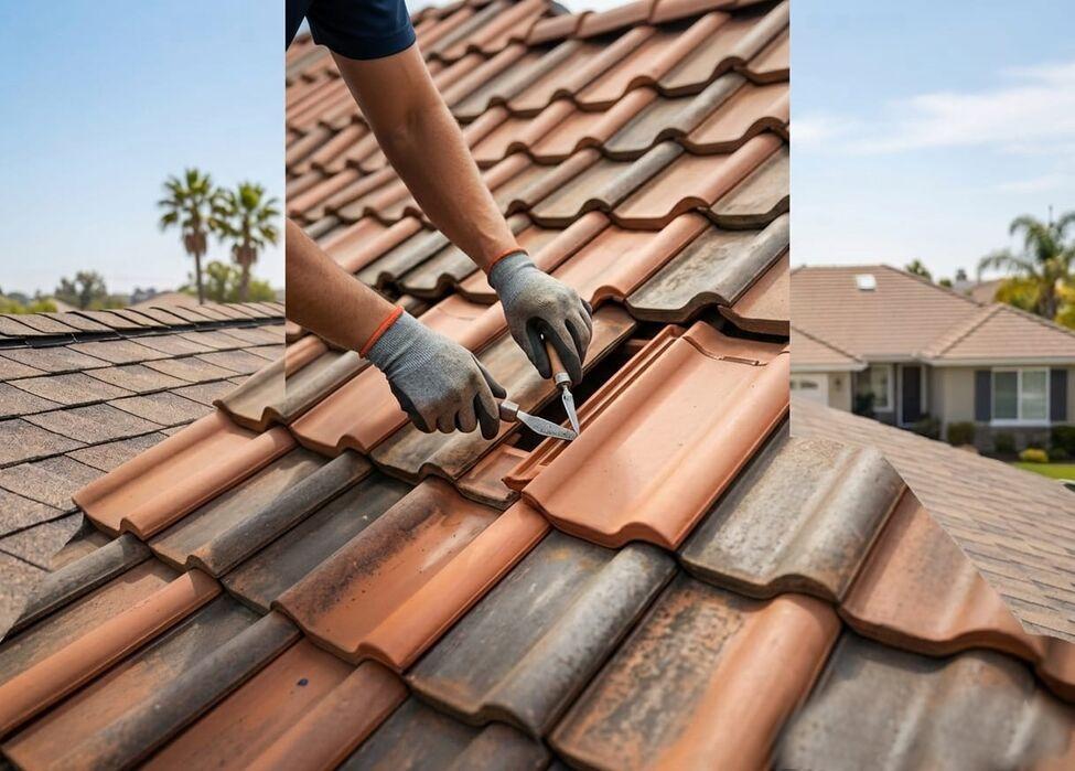 Close-up of a roofer's hands carefully installing and matching clay tiles during a roof restoration project.