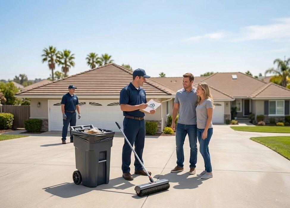 A roofing professional standing with homeowners on their driveway during a final project walkthrough and site cleanup.