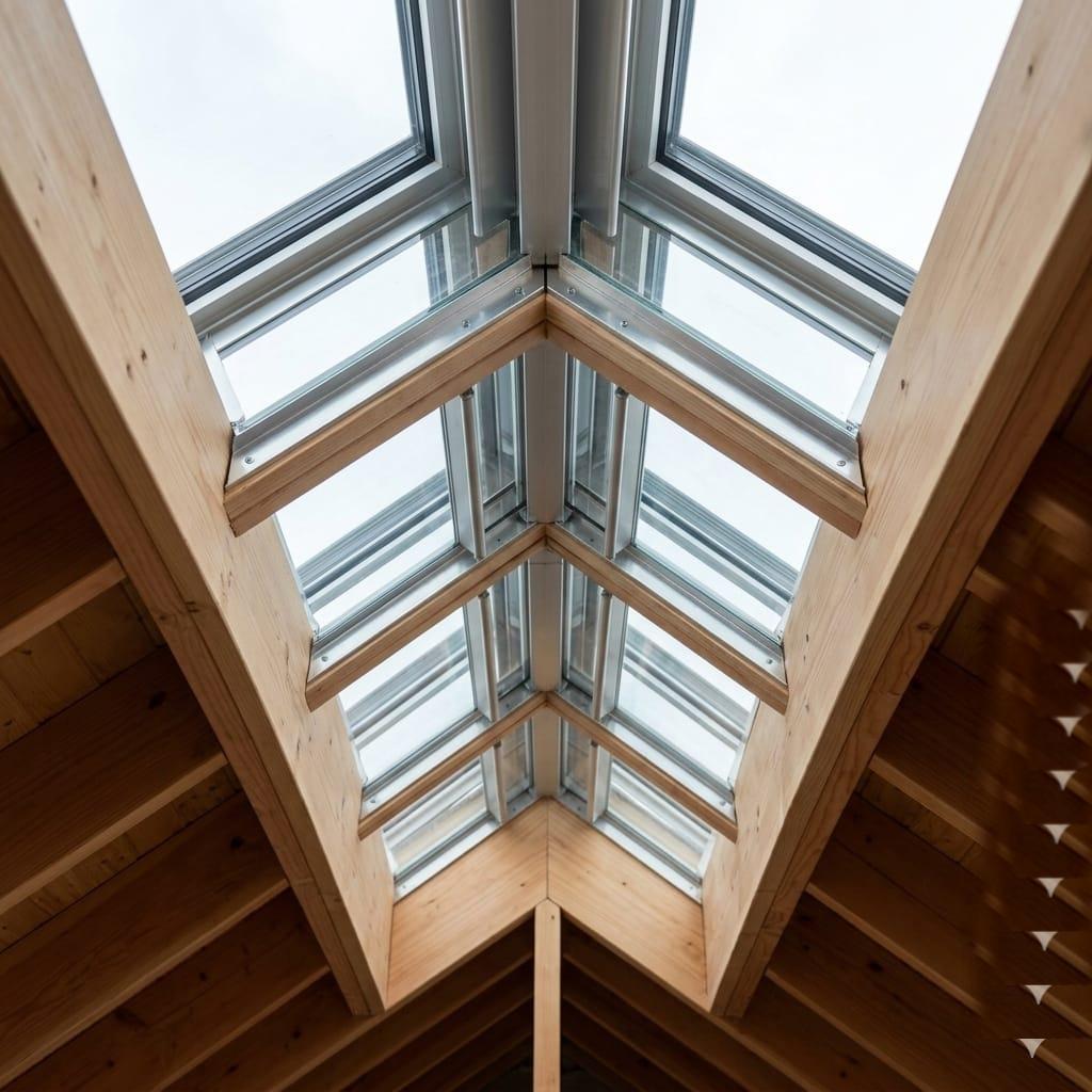 Interior view of a modern attic with a V-shaped skylight, featuring exposed wooden beams and framing, allowing abundant natural light to enter. Location: Huntington Beach, United States